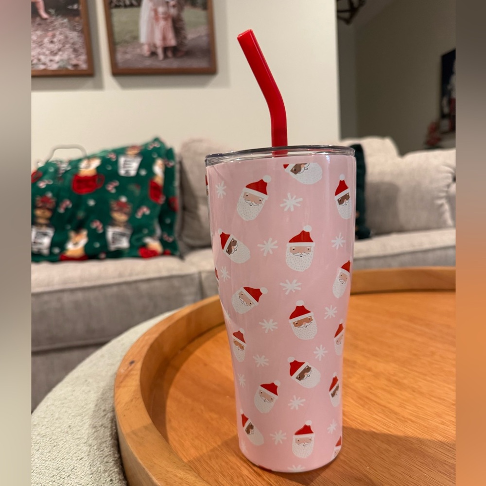Pink Santa Tumbler with Red Straw